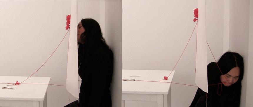 Chuyia Chia, A thread of red - sewing, Rostrum Gallery, Malmö Sweden, video by Chuyia Chia 2012_web